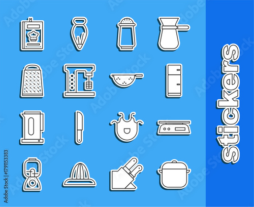 Set line Cooking pot, Electronic scales, Refrigerator, Salt and pepper, Electric mixer, Grater, Cookbook and Kitchen colander icon. Vector