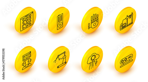 Set line 3d scanning system, Internet of things, Industrial machine robotic robot arm hand factory, Robot, 3D printer, Mechanical, Remote control and Global technology social network icon. Vector