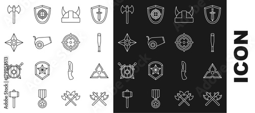 Set line Crossed medieval axes, Japanese ninja shuriken, Baseball bat, Viking horned helmet, Cannon, Medieval and Target sport icon. Vector
