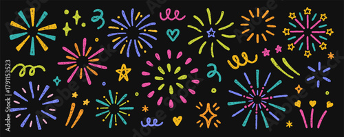 Chalk pencil fireworks, sparkling stars doodle set. Kids crayon color firecracker, confetti, sunburst, explosion in sketch style. Grunge texture. Hand drawn illustration isolated on black background