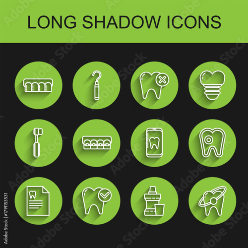 Set line Clipboard with dental card, Tooth whitening concept, Dentures model, Mouthwash plastic bottle, Teeth braces, caries and Online care icon. Vector