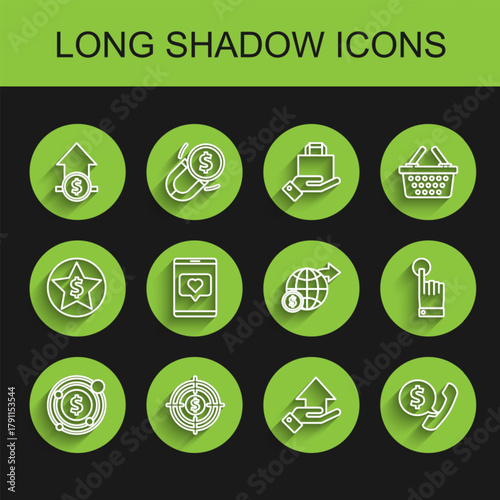 Set line Target with dollar symbol, Financial growth and coin, Money on hand, Telephone handset speech bubble chat, Mobile like heart, Hand touch tap gesture and Earth globe icon. Vector