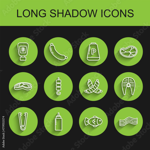 Set line Meat tongs, Sauce bottle, Fish, Bacon stripe, Grilled shish kebab skewer stick, steak and Crossed sausage icon. Vector