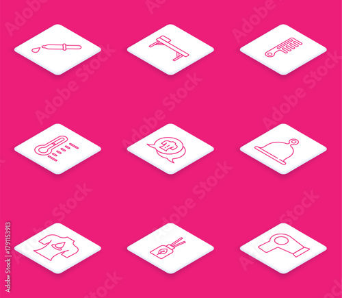 Set line Pipette, Massage table, Hairbrush, Sauna thermometer, hat, with aroma oils and Aroma diffuser icon. Vector