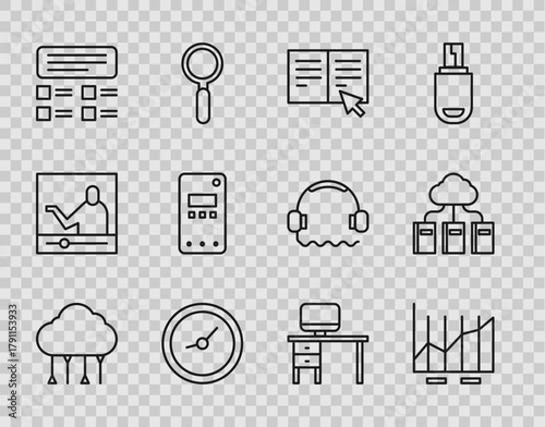 Set line Network cloud connection, Pie chart infographic, Online book, Clock, quiz, test, survey, Mobile phone, Computer monitor and desk and Cloud online library icon. Vector