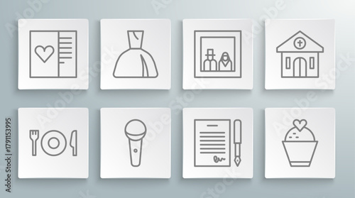 Set line Plate, fork and knife, Woman dress, Microphone, Marriage contract, Wedding cake with heart, Family photo, Church building and Postcard icon. Vector