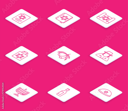 Set line Torah scroll, Jewish torah book, Shopping bag with star of david, Olives branch, Orthodox jewish hat, Hanukkah menorah and wine bottle icon. Vector