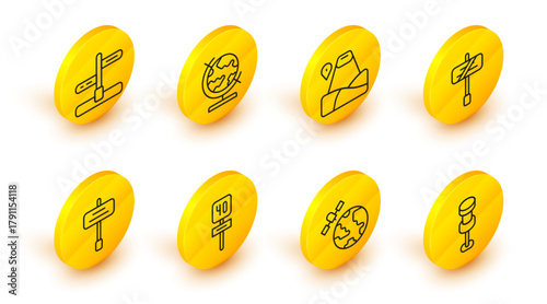 Set line Push pin, Satellites orbiting the planet, Road traffic sign, Location with mountain, Earth globe and icon. Vector