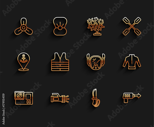 Set line Action camera, Flashlight, Boat propeller, turbine, Knife, Fishing harpoon, Life jacket, Wetsuit and Diving mask icon. Vector