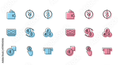 Set line Financial growth and euro, Hand holding coin, Wallet with money, Credit card inserted, Cryptocurrency exchange, Currency, Stacks paper cash and Coin Yen icon. Vector