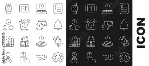 Set line Time Management, Clock with arrow, Ringing bell, Monitor time, Alarm clock, Day and night, Smartwatch and Calendar icon. Vector