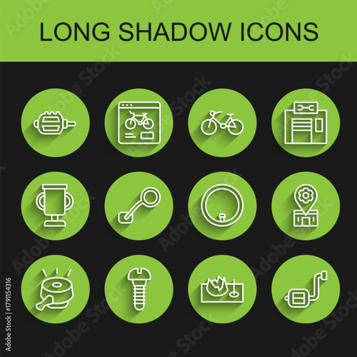 Set line Bicycle bell, Metallic screw, pedal, on street ramp, rear view mirror, repair service and wheel icon. Vector