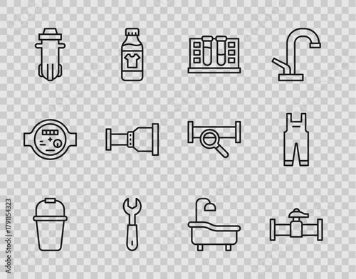 Set line Bucket, Industry pipe and valve, Test tube with water drop, Wrench spanner, Water filter, Pipe adapter, Bathtub and Work overalls icon. Vector
