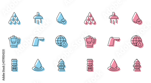Set line Water cooler, drop, Fire hydrant, tap, Earth planet in water, jug with filter and Shower icon. Vector