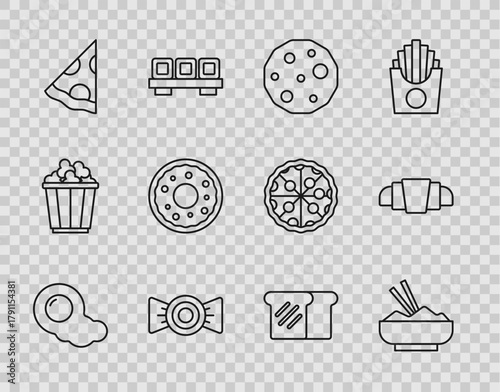 Set line Scrambled eggs, Rice in bowl with chopstick, Cookie or biscuit, Candy, Slice of pizza, Donut, Bread toast and Croissant icon. Vector