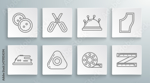 Set line Electric iron, Scissors, Sewing chalk, Tape measure, Needle bed and needles, Pattern and button for clothes icon. Vector