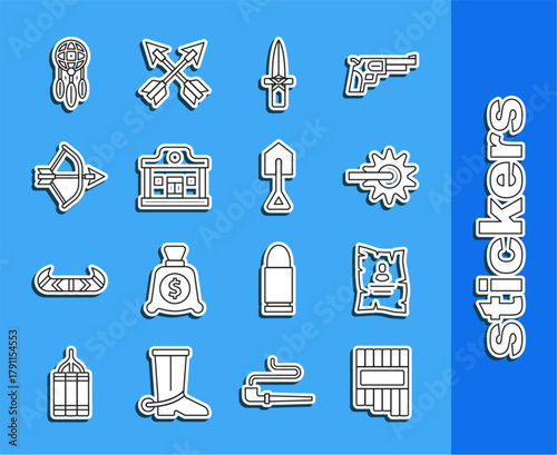 Set line Pan flute, Wanted western poster, Spur, Dagger, Wild saloon, Bow and arrow in quiver, Dream catcher with feathers and Shovel icon. Vector