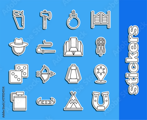 Set line Horseshoe, Hexagram sheriff, Dream catcher with feathers, Bomb ready to explode, Smoking pipe, Western cowboy hat, Revolver gun holster and Gold bars icon. Vector