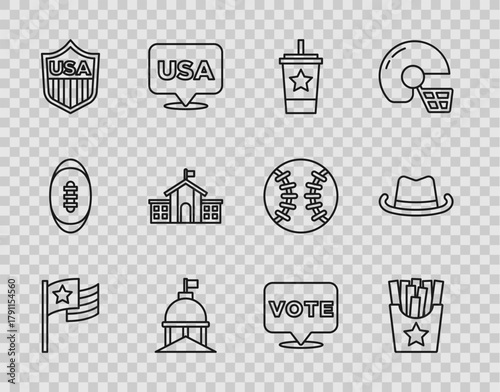 Set line American flag, Potatoes french fries in box, Paper glass with straw, White House, Shield stars, United States Capitol Congress, Vote and Western cowboy hat icon. Vector