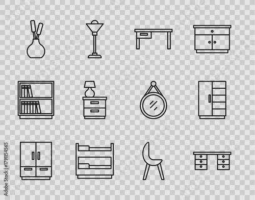 Set line Wardrobe, Office desk, Bunk bed, Vase, Furniture nightstand with lamp, Armchair and icon. Vector