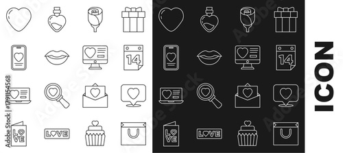 Set line Shopping bag, Like and heart, Calendar with February 14, Flower rose, Smiling lips, Online dating app chat, Heart and Dating online icon. Vector