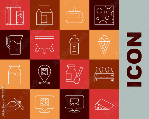 Set line Cheese, Bottled milk in wooden box, Ice cream waffle cone, Butter butter dish, Udder, Milk jug or pitcher, Paper package for and Baby bottle icon. Vector