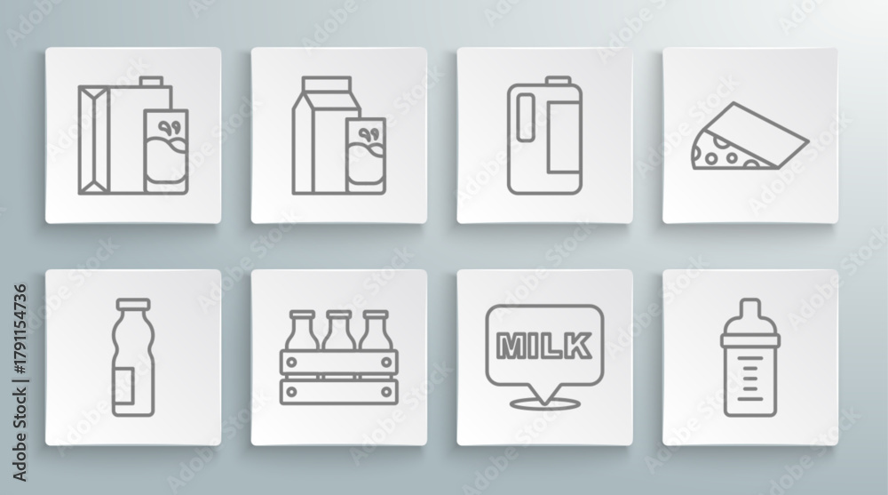 Fototapeta premium Set line Drinking yogurt in bottle, Paper package for kefir, Bottled milk wooden box, Lettering, Baby, Milk plastic, Cheese and icon. Vector