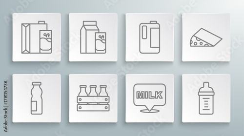 Set line Drinking yogurt in bottle, Paper package for kefir, Bottled milk wooden box, Lettering, Baby, Milk plastic, Cheese and icon. Vector