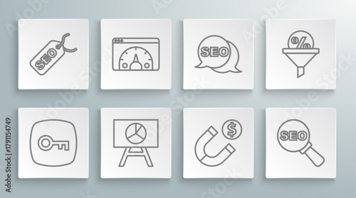 Set line Key, Website statistic, Board with graph chart, Magnet money, SEO optimization, Lead management and icon. Vector