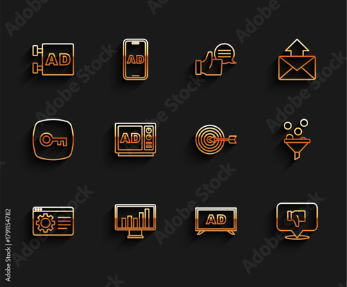 Set line Browser setting, Monitor with graph chart, Advertising, Dislike speech bubble, Lead management and Target icon. Vector