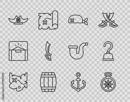Set line Pirate treasure map, Compass, bandana for head, Wooden barrel, hat, sword, Anchor and hook icon. Vector