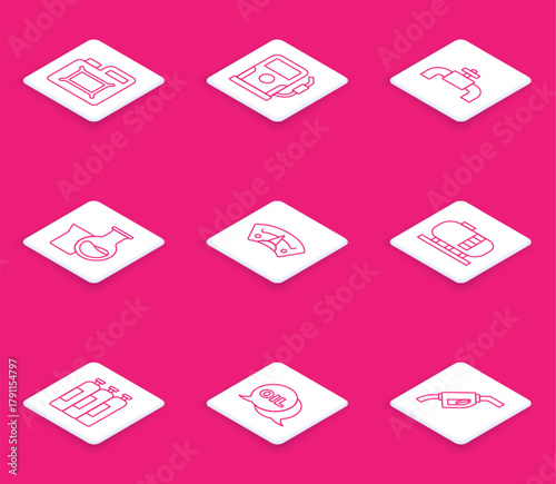 Set line Canister for motor oil, Petrol gas station, Metallic pipes and valve, Oil petrol test tube, Motor gauge, tank storage, Industrial cylinder and Word icon. Vector