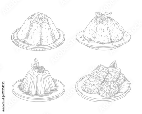 Collection of four hand-drawn sketch puddings and desserts art