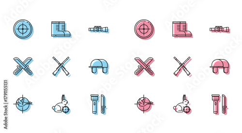 Set line Hunt on duck with crosshairs, rabbit, Target sport for shooting competition, Flashlight and knife, Two crossed shotguns, Hunter hat, Crossed hunter and boots icon. Vector