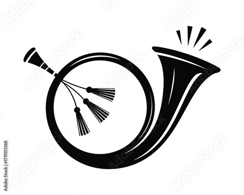 Stylized post horn with tassels and sound emission vector icon