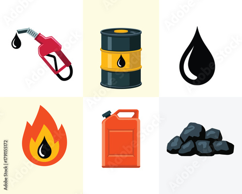 Fuel and energy icons, petroleum products and coal resources