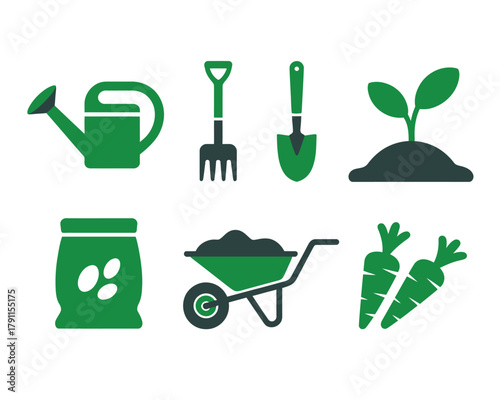 Gardening tools and planting icons set, cultivation concept.