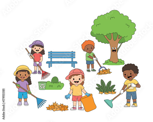 Kids happily cleaning park, raking leaves, promoting teamwork