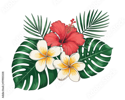 Tropical floral cluster with hibiscus, plumeria, and palm leaves
