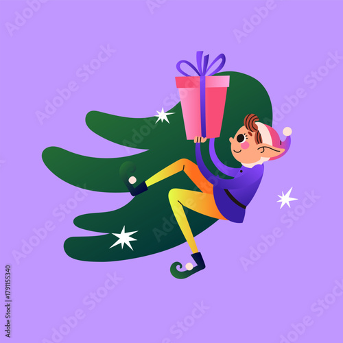 Christmas elf with spruce branch, present and stars. Santa Claus helper. Festive elf isolated on purple background. Vector illustration.