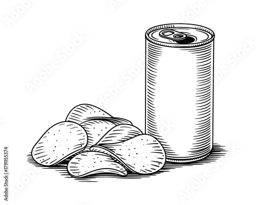 Vintage engraving of crispy potato chips and blank beverage can