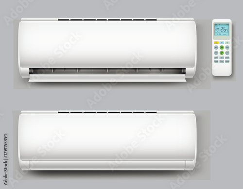 Air conditioner set with remote control. Air conditioning off and on regime for home.