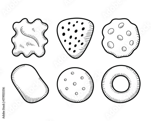 Hand-drawn variety of cracker biscuit cookie shapes outline food
