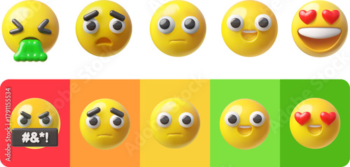 A set of yellow 3D emoji with various emotions, isolated and on bright backgrounds.