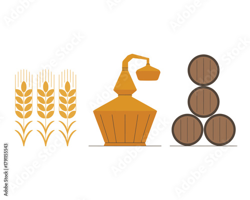 Whisky production stages: grain, distillation, and barrel aging