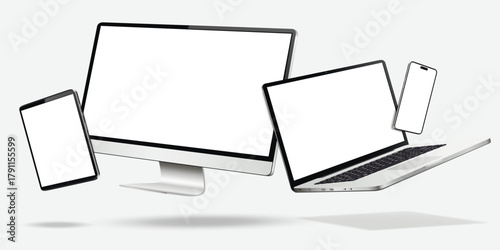 Flying computer display, laptop, tablet, mobile phone with white screen isolated