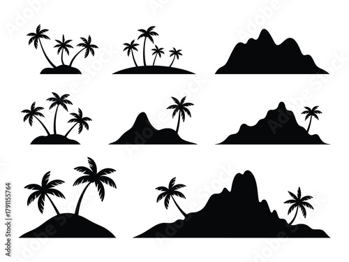 Tropical island and mountain silhouettes, vector icon set design