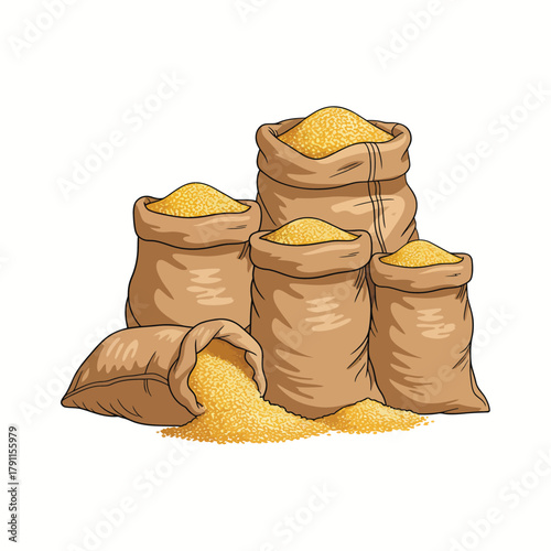 Bags of yellow grains, spilled kernels, harvest agriculture.