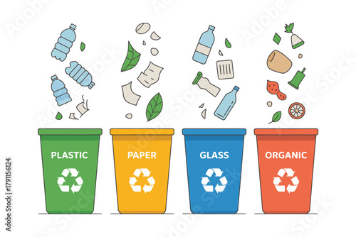 Waste sorting and recycling concept with color-coded bins and items.