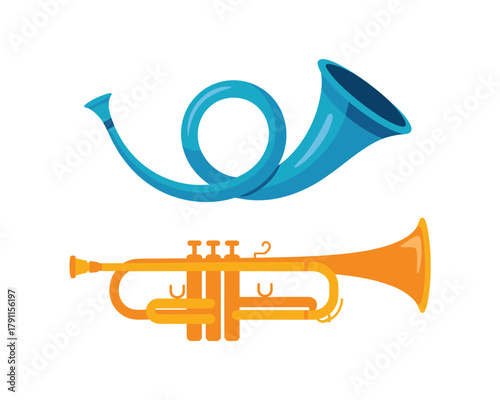 Blue french horn and golden trumpet musical instruments set.
